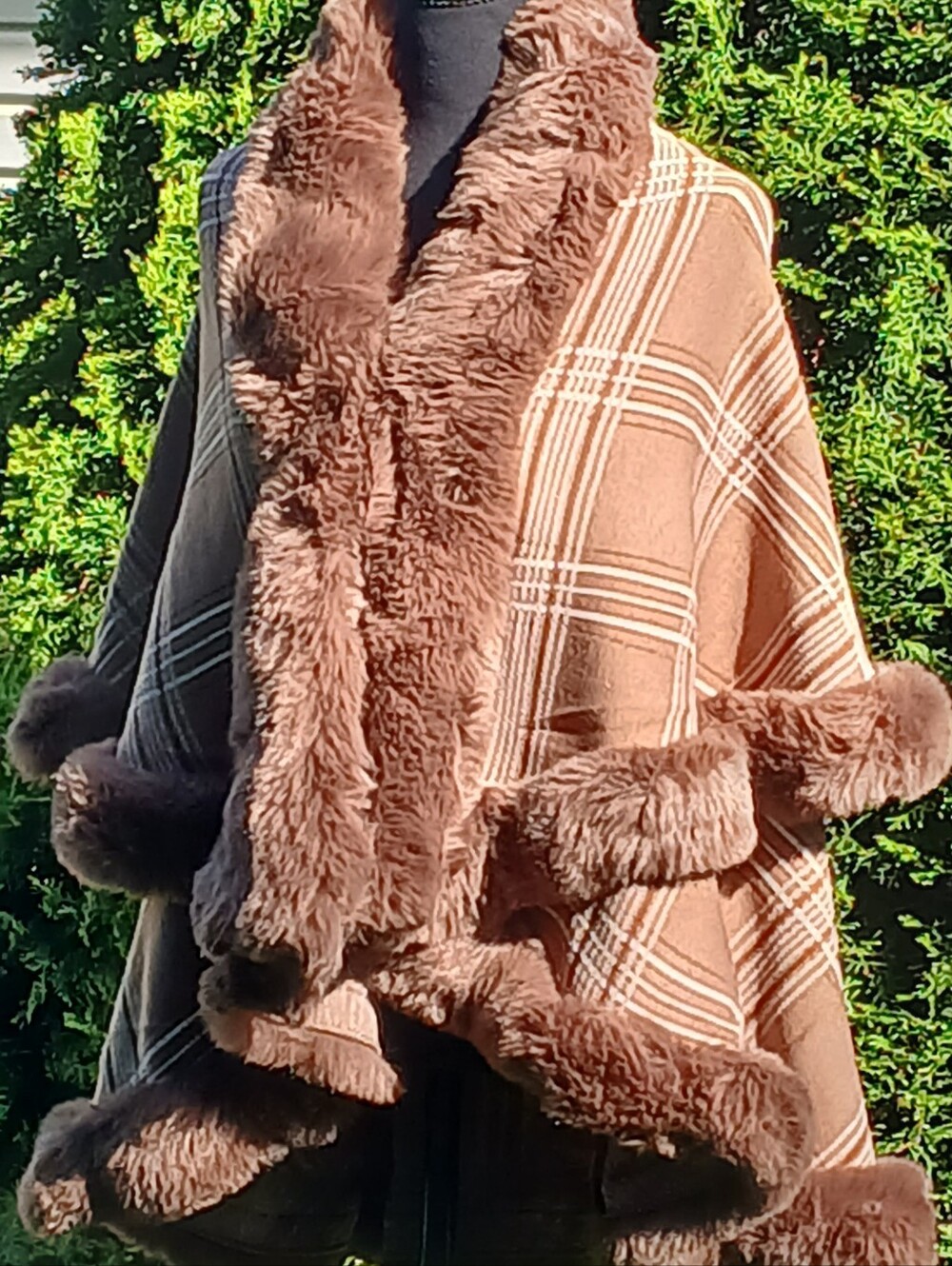 Magnificent Mocha Plaid Wrap Jacket With Faux Fur Accents - Picture 2 of 16